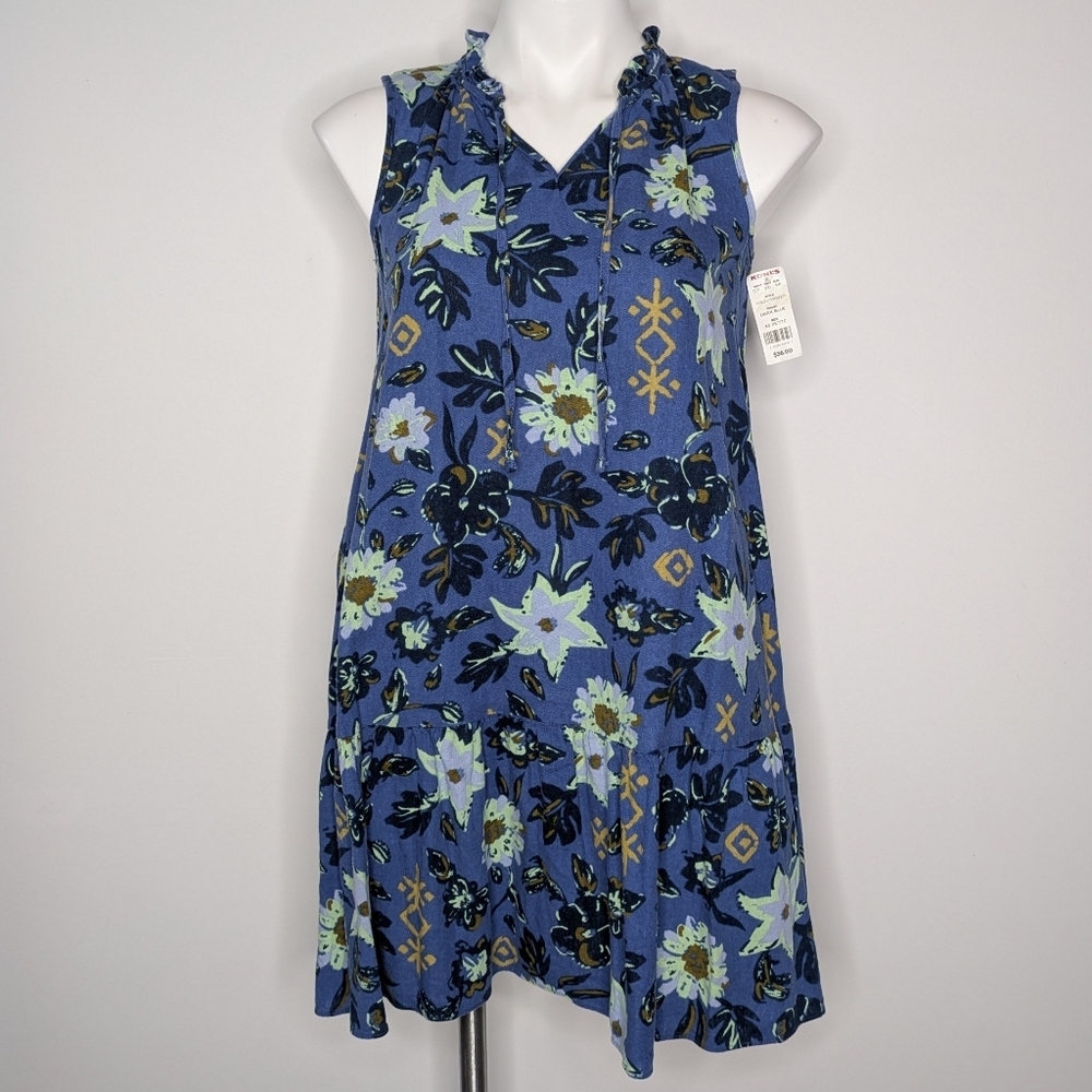 NWT Sonoma Blue Green Floral Linen Blend Tie Neck Casual Dress XSP